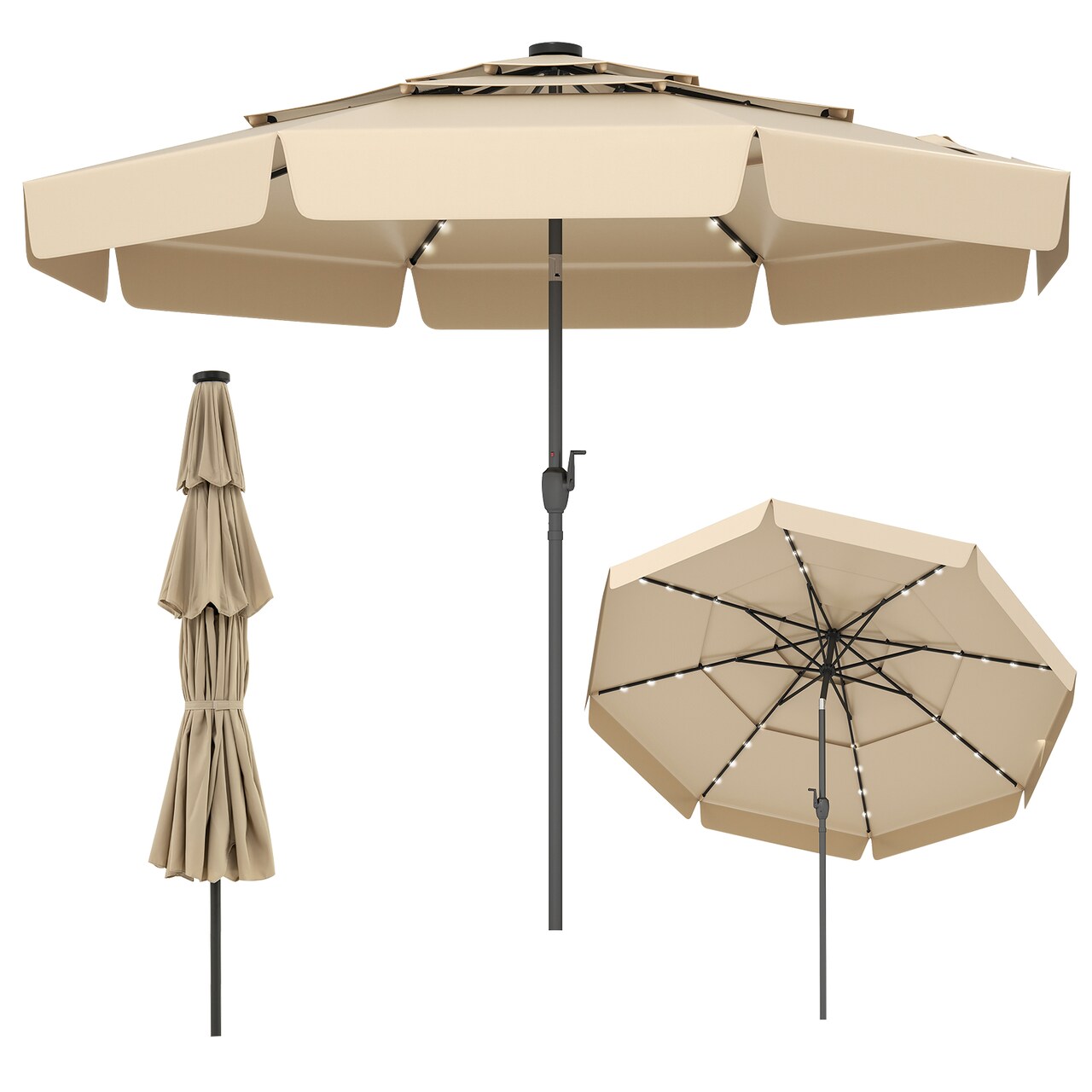 Polyester Solar LED 3-Tier Patio Umbrella with Tilt and 10x8.1 ft Shade